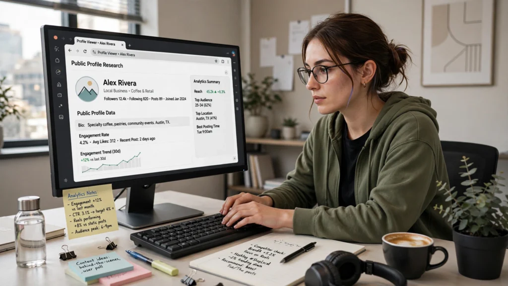 Digital marketer researching public Instagram profiles using a browser-based Instagram viewer