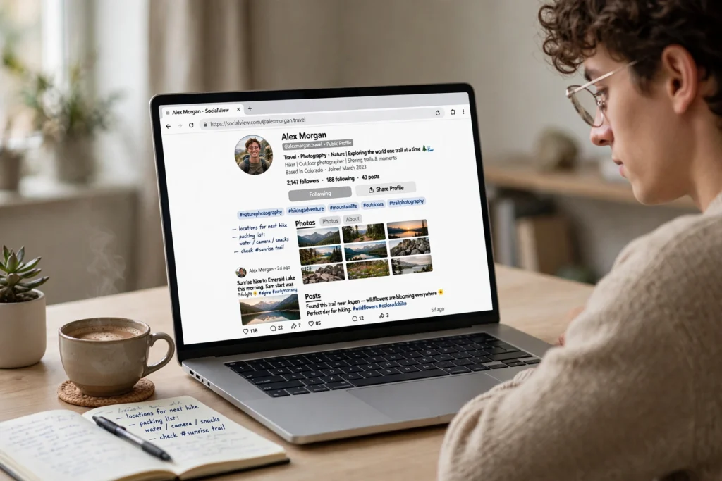 User viewing a public Instagram profile with Picuki IG Viewer on a laptop