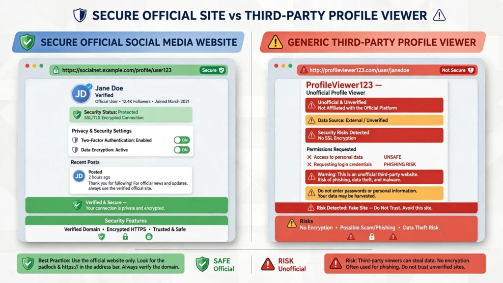 Comparison between an official social media platform and a browser-based Instagram viewer highlighting safety considerations