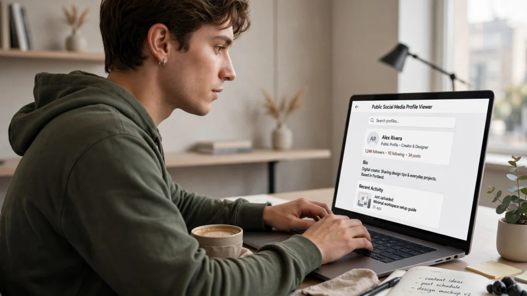 User searching for a public Instagram profile with a browser-based Instagram viewer on a laptop