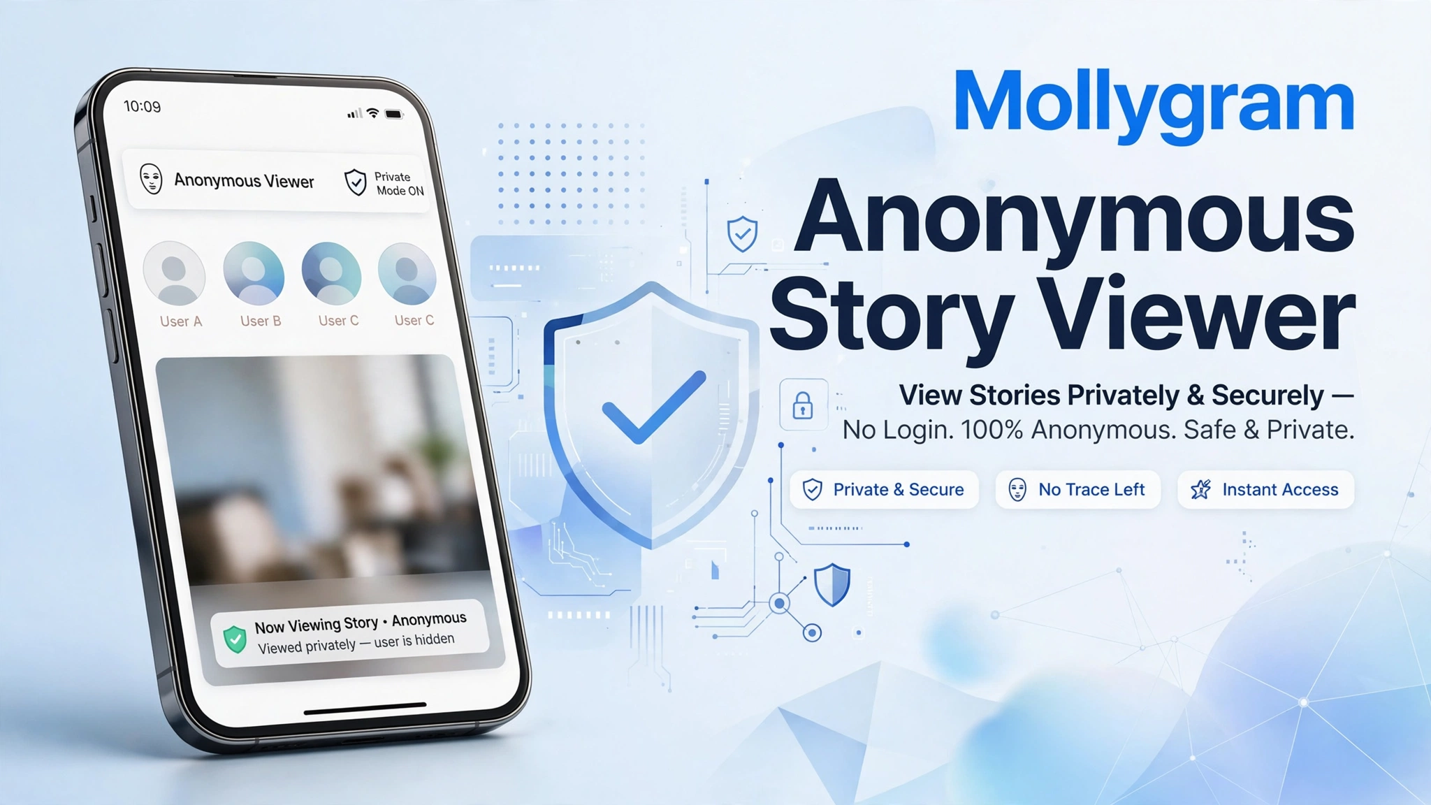 Mollygram anonymous story viewer showing private browsing on smartphone with privacy shield protection