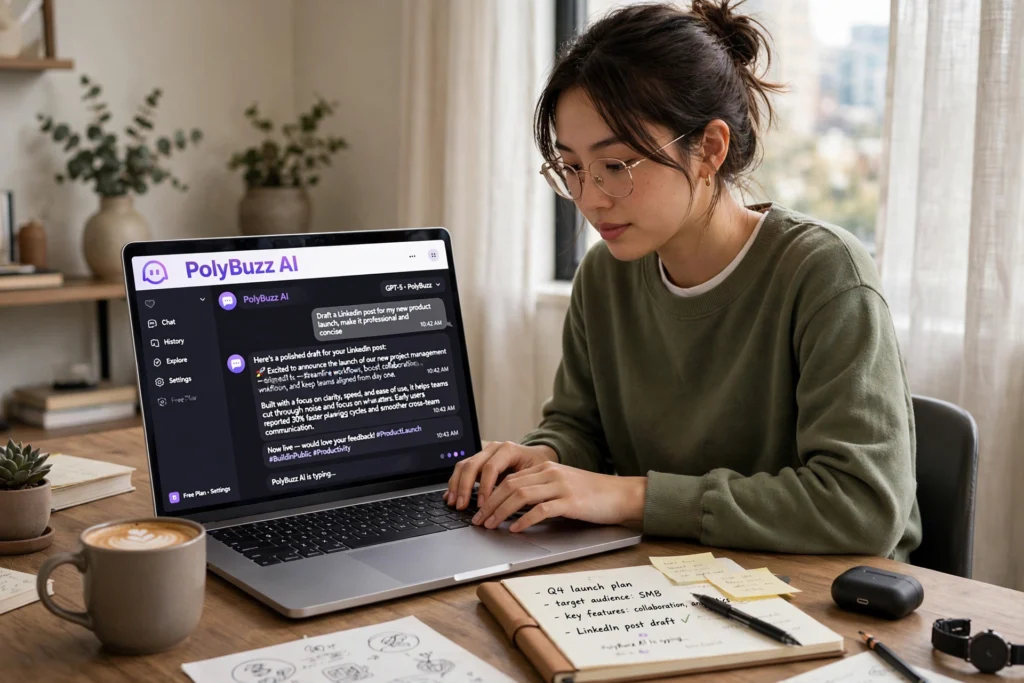 User accessing PolyBuzz AI on a laptop