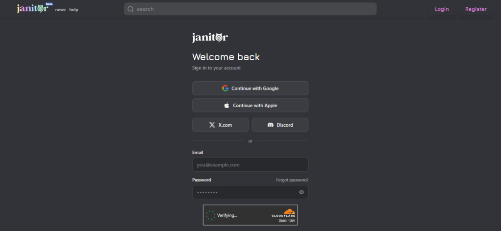 Janitor AI login page on desktop