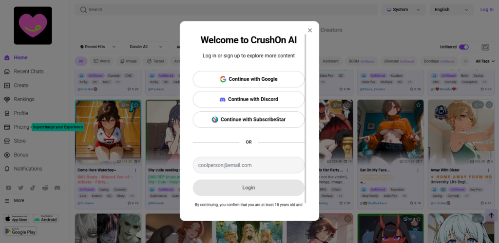 CrushOn AI Login Page