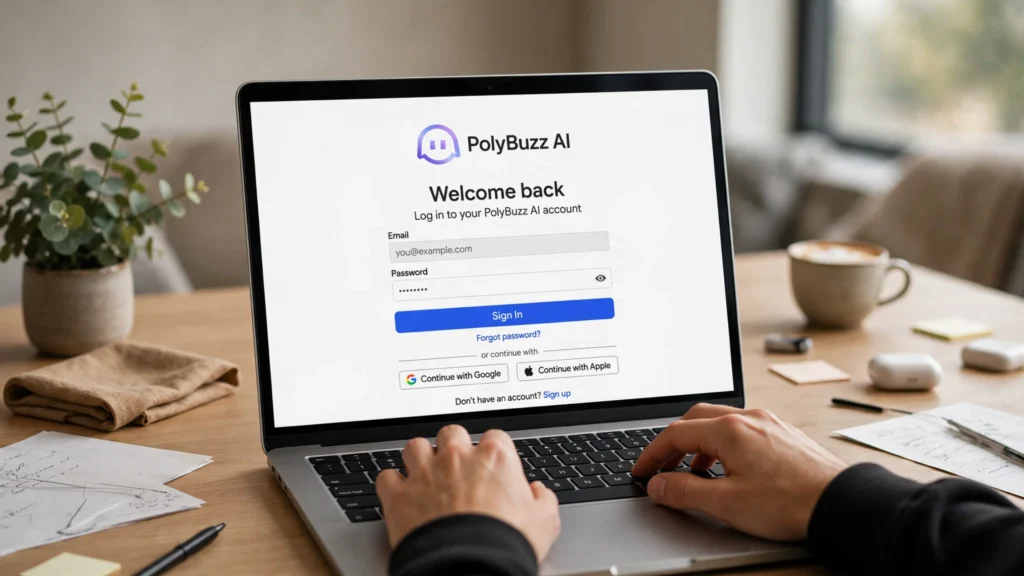 PolyBuzz AI login page displayed on a laptop